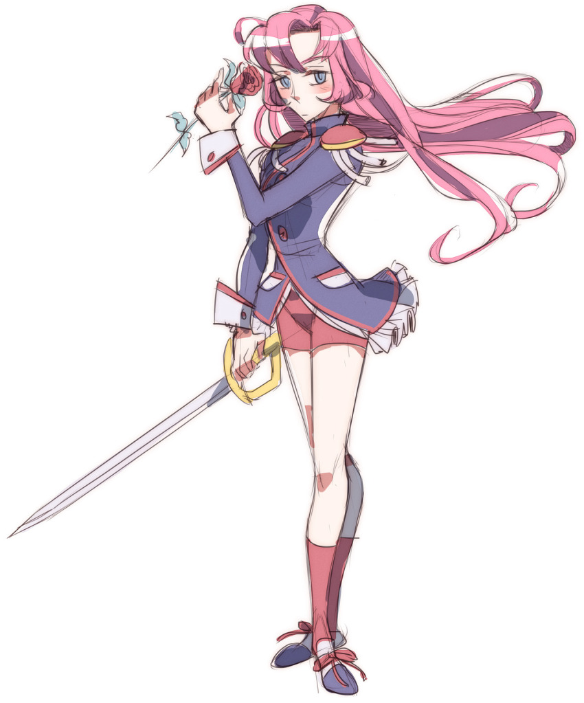 1girl bike_shorts black_jacket blush chereverie epaulettes floating_hair flower frilled_jacket frills full_body highres holding holding_flower holding_sword holding_weapon jacket long_hair looking_at_viewer ootori_gakuen_school_uniform pink_hair red_flower red_rose red_shorts rose school_uniform shorts shoujo_kakumei_utena solo standing sword tenjou_utena weapon