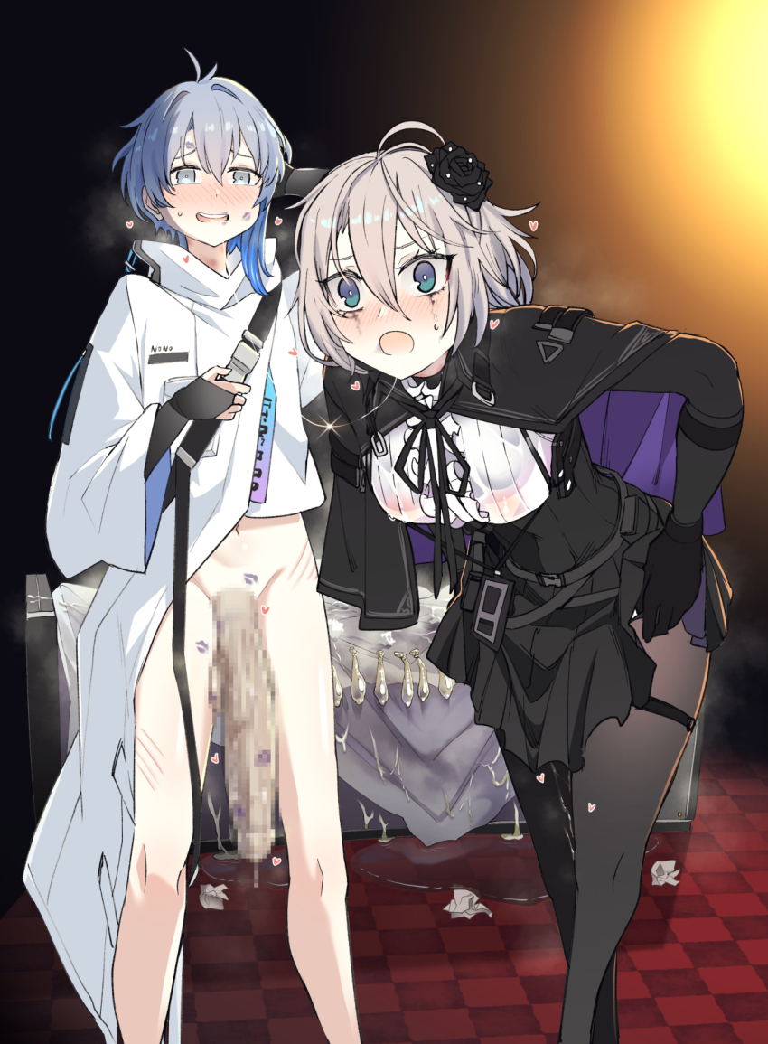 1boy 1girl aftersex antenna_hair arms_at_sides belt bent_over black_belt black_bridal_gauntlets black_capelet black_flower black_gloves black_rose black_skirt blue_eyes blue_hair blush bottomless bridal_gauntlets bright_pupils buckle capelet caught censored chaos_zero_nightmare chest_belt coat collar collared_coat condom cum cum_on_bed cum_on_floor dressing embarrassed eyelashes flower girthy_penis glint gloves hair_between_eyes hair_flower hair_intakes hair_ornament hand_under_clothes hand_under_skirt hand_up heart hetero high_collar highres indoors large_penis lipstick_mark lipstick_mark_on_cheek lipstick_mark_on_face lipstick_mark_on_leg lipstick_mark_on_lips lipstick_mark_on_mouth lipstick_mark_on_penis long_sleeves looking_at_viewer makeup mosaic_censoring navel nervous_smile owen_(chaos_zero_nightmare) penis pleated_skirt purple_capelet purple_sleeves pussy_juice pussy_juice_drip_through_clothes renoa_(chaos_zero_nightmare) rose runny_makeup saliva saliva_trail scratches shirt sidelighting skirt smile standing steaming_body sweatdrop teeth thigh_strap two-sided_capelet two-sided_sleeves ukavonnak underbust undershirt upper_teeth_only used_condom wet wet_clothes white_coat white_collar white_hair white_pupils white_shirt white_sleeves wide-eyed wide_sleeves