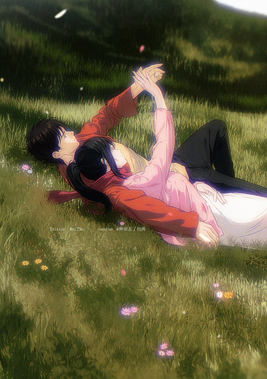 1boy 1girl absurdres arm_up black_hair black_pants brown_hair brown_jacket cardigan commentary couple eren_yeager feet_out_of_frame flower from_side grass head_on_another&#039;s_shoulder high_ponytail highres jacket jewelry long_hair long_sleeves looking_up lying mikasa_ackerman mountain niku_(ni23ku) on_back outdoors pants pink_cardigan pink_flower ponytail red_scarf ring scarf shingeki_no_kyojin shirt short_hair skirt symbol-only_commentary twitter_username white_skirt yellow_shirt