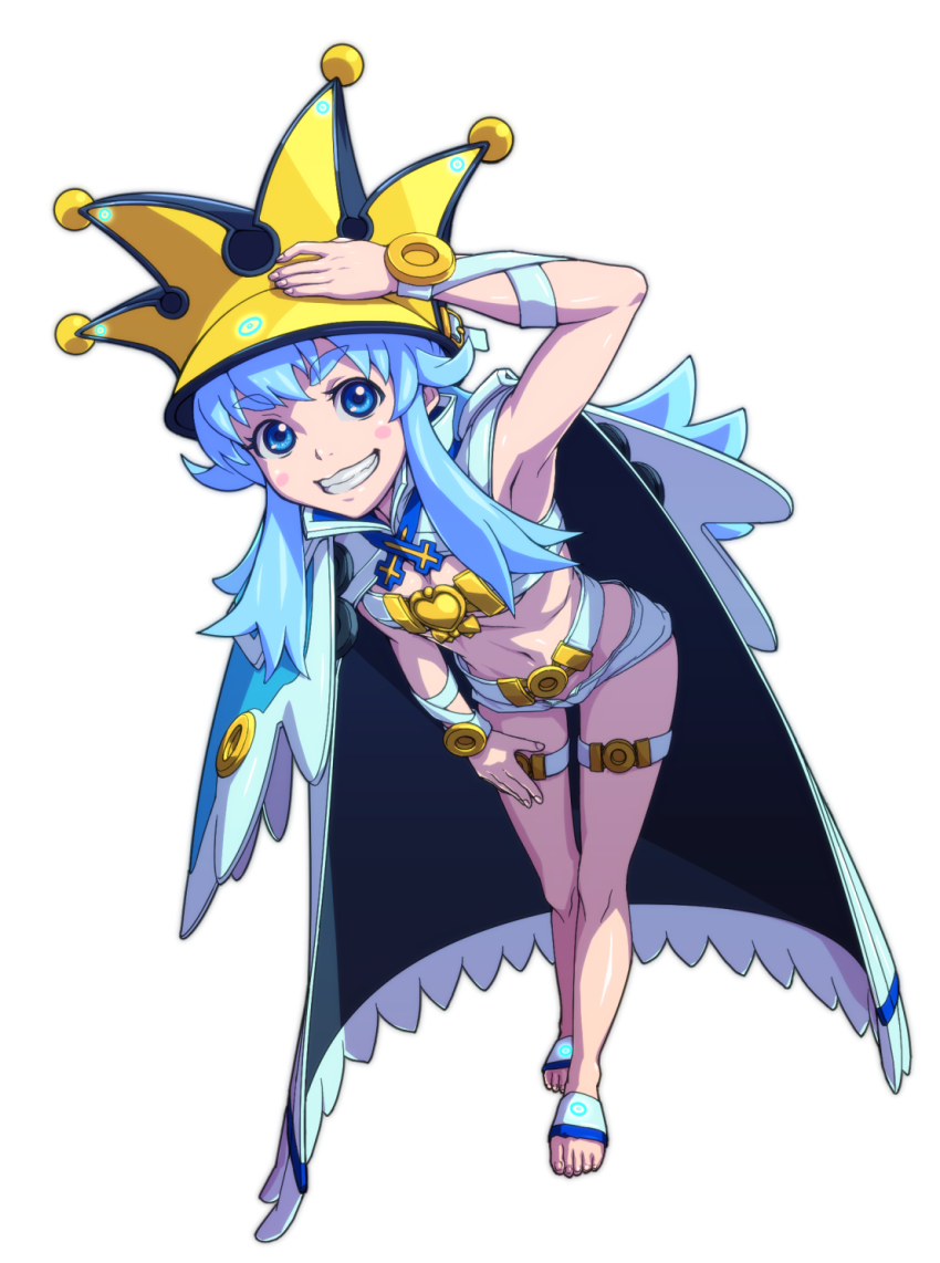 1girl adapted_costume arc_system_works armpits barefoot belt belt_bra blue_eyes blue_hair blush_stickers cape clenched_teeth cloak cosplay female_focus full_body grin guilty_gear guilty_gear_xrd han_megumi hand_on_headwear happinesscharge_precure! hat heart highres jester_cap leaning_forward long_hair looking_at_viewer matching_hair/eyes navel precure ramlethal_valentine ramlethal_valentine_(cosplay) shirayuki_hime short_shorts shorts simple_background smile solo teeth thigh_strap uganda_(ugandam_00) voice_actor_connection white_background