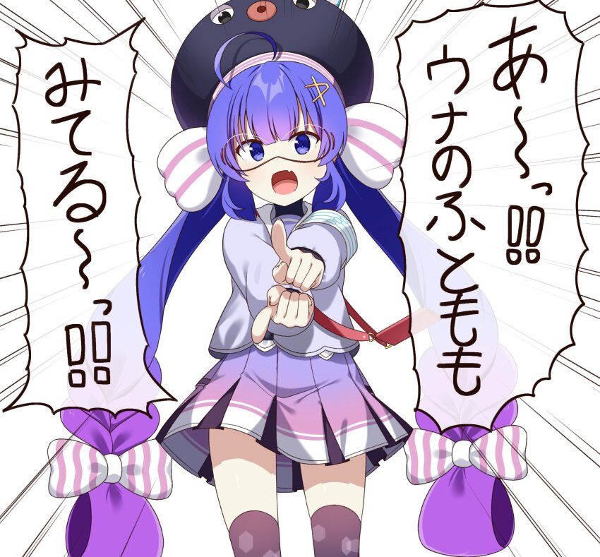 1girl :d ahoge animal_hat armband black_hat black_undershirt blue_eyes blue_hair blue_jacket blunt_bangs bow braid cellphone_strap chaakusu commentary_request cowboy_shot eel_hat emphasis_lines fang goggles gradient_clothes gradient_hair gradient_skirt gradient_thighhighs hair_between_eyes hair_bow hair_ornament hairclip hat hat_ribbon highres honeycomb_(pattern) honeycomb_print jacket large_hat long_hair long_sleeves looking_at_viewer low-braided_long_hair low-tied_long_hair low_twintails mortarboard multicolored_hair multicolored_skirt open_mouth otomachi_una otomachi_una_(voicepeak) pink_skirt pleated_skirt pointing pointing_at_viewer print_thighhighs puffy_long_sleeves puffy_sleeves purple_hair purple_skirt red-framed_eyewear ribbon safety_pin sailor_collar sailor_jacket shirt shoulder_strap simple_background skirt smartphone_case smile solo speech_bubble standing striped_bow striped_ribbon thighhighs thighs translation_request turtleneck turtleneck_shirt twintails vertical-striped_bow very_long_hair voicepeak white_armband white_background white_bow white_ribbon white_sailor_collar