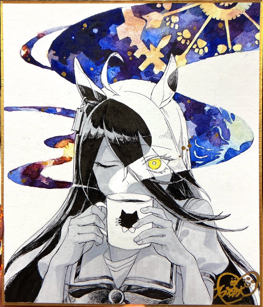 1girl ahoge animal_ears black_hair bow bowtie cup earrings hands_up highres holding holding_cup horse_ears jewelry long_hair looking_at_viewer manhattan_cafe_(umamusume) one_eye_closed partially_colored photo_(medium) puffy_short_sleeves puffy_sleeves sailor_collar sekiyu_inu short_sleeves signature single_earring solo steam traditional_media umamusume upper_body yellow_eyes