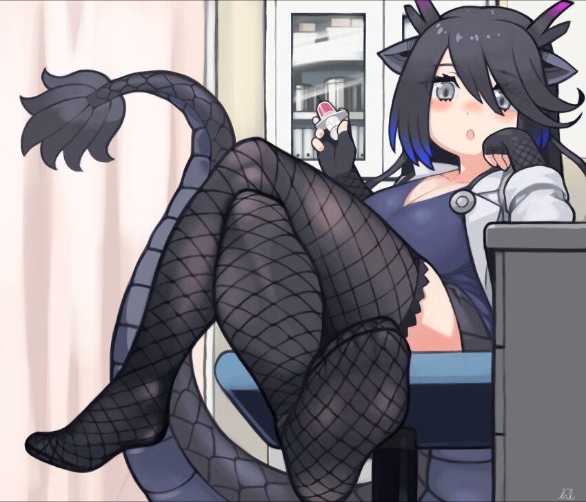 1girl animal_ears black_dragon_(kemono_friends) black_hair coat dragon_girl dragon_horns dragon_tail extra_ears fishnet_thighhighs fishnets grey_eyes highres horns infirmary kemono_friends long_hair looking_at_viewer rinx shirt skirt solo stethoscope syringe tail thighhighs white_coat