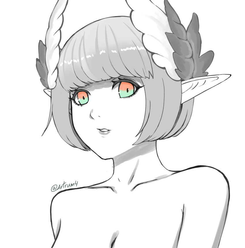 1girl absurdres artrum4 blue_eyes blunt_bangs blunt_ends bob_cut breasts circe_(fate) cleavage close-up fate/grand_order fate_(series) feathered_wings gradient_eyes greyscale head_wings head_wreath highres leaf_wreath monochrome multicolored_eyes nude olive_wreath pointy_ears red_eyes short_hair signature solo spot_color twitter_username white_background wings