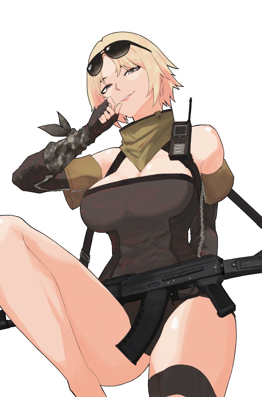 1girl absurdres ak-103 bare_shoulders black_gloves black_leotard blonde_hair breasts cleavage commentary detached_sleeves english_commentary eyewear_on_head fingerless_gloves girls&#039;_frontline girls&#039;_frontline_2:_exilium gloves grey_eyes highres kalashnikov_rifle large_breasts leotard looking_at_viewer parted_lips saga_(girls&#039;_frontline_2) short_hair simple_background smile solo sunglasses variasii walkie-talkie white_background