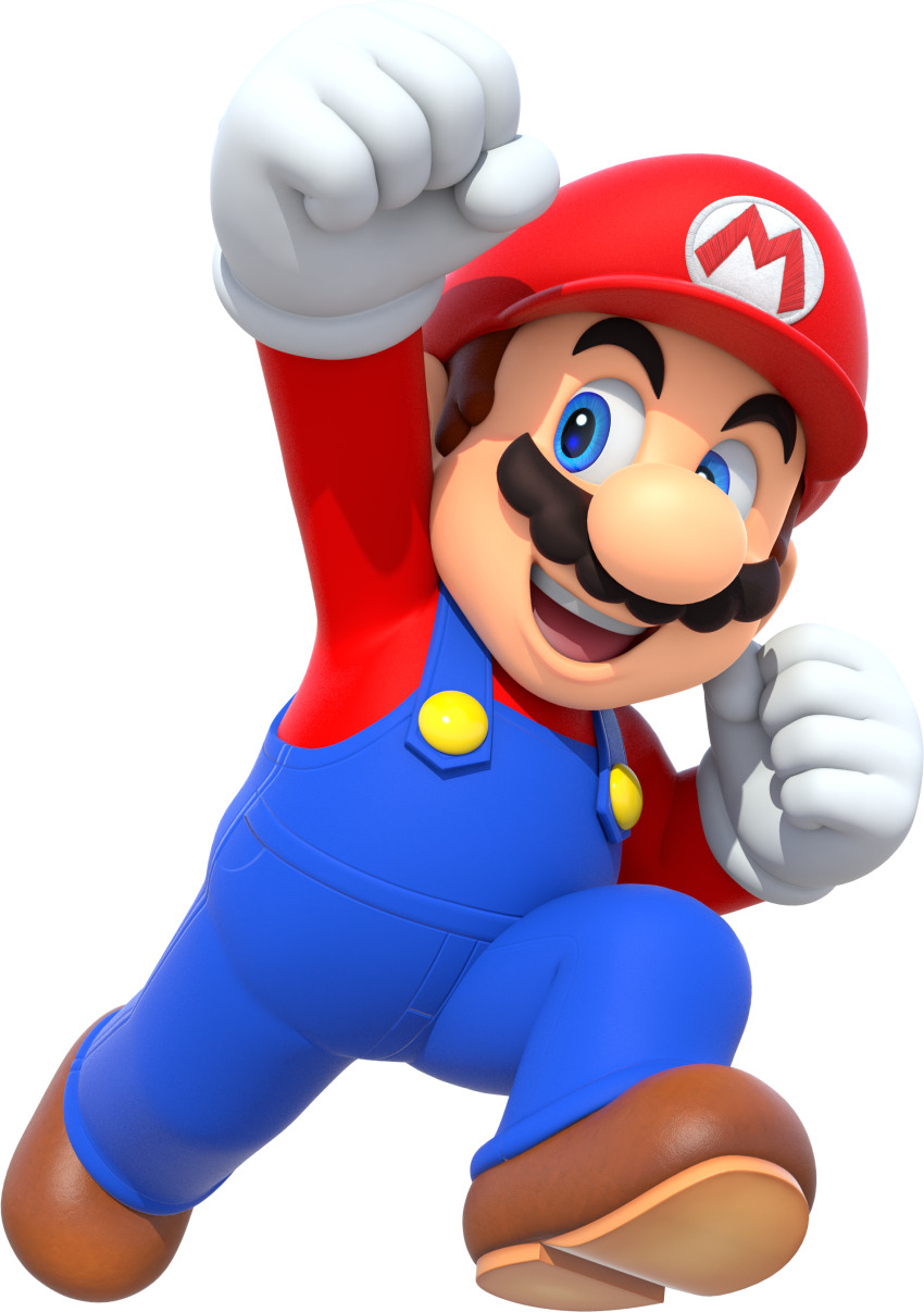 1boy 3d absurdres arm_up big_nose blue_eyes blue_overalls brown_shoes buttons cabbie_hat clenched_hands clothes_writing facial_hair full_body gloves hand_up happy hat highres jumping leg_up long_sleeves looking_to_the_side male_focus mario mario_(series) mario_party mario_party_10 mustache nintendo official_art open_mouth overalls red_hat red_shirt shirt shoes simple_background smile solo teeth third-party_source tongue transparent_background white_gloves