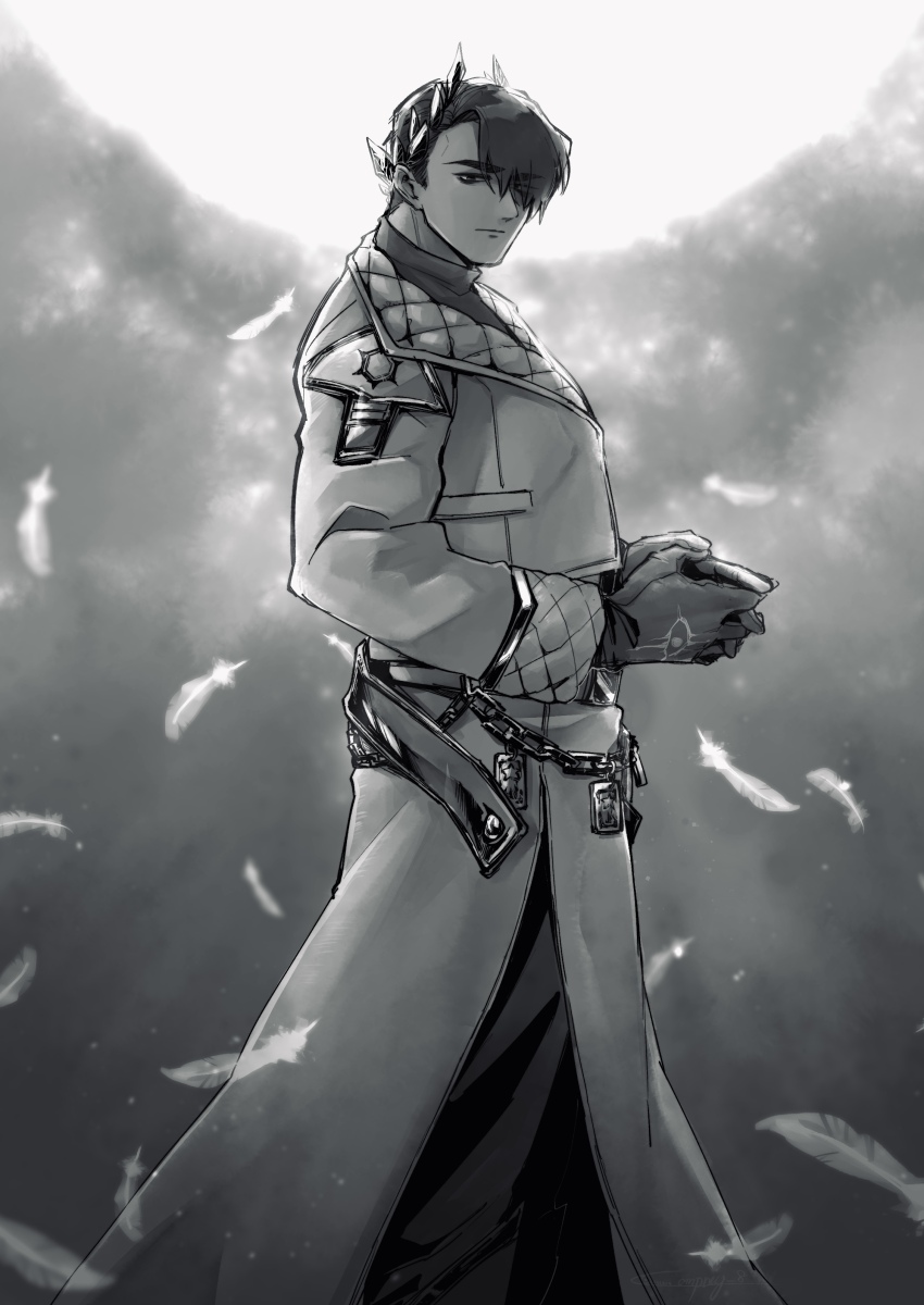 1boy absurdres belt chain coat e.g.o_(project_moon) falling_feathers feathers gold_trim greyscale highres lapels laurel_crown limbus_company looking_at_viewer meursault_(project_moon) monochrome own_hands_together pants project_moon pursuance_(e.g.o) solo yatsumeunagi