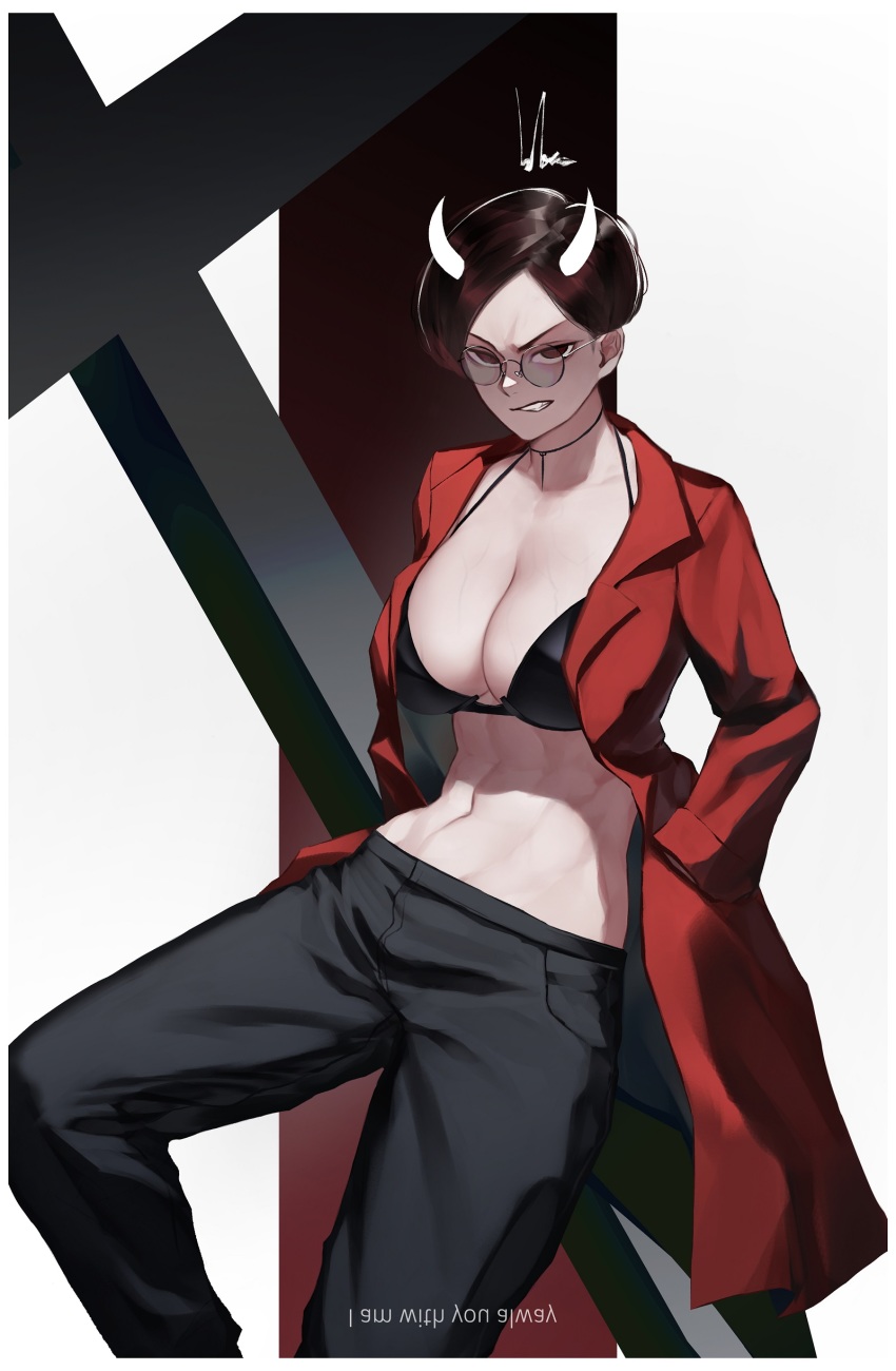 1girl abs absurdres backwards_text black_bra black_pants bluecup border bra breasts brown_hair choker cleavage clenched_teeth coat collarbone collared_coat cross english_text frown glaring glasses gradient_background gradient_hair hands_in_pockets highres horns long_sleeves looking_at_viewer multicolored_hair muscular muscular_female navel open_clothes open_coat original pants parted_bangs red_background red_coat red_eyes round_eyewear shiny_clothes short_hair signature slit_pupils solo teeth two-tone_background typo underwear upside-down_text veins veiny_breasts white_background white_border