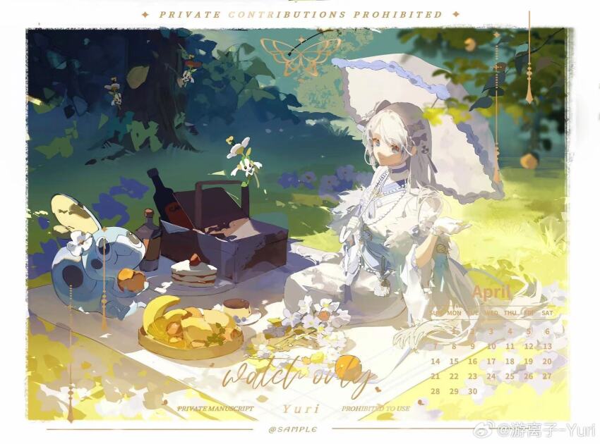 1girl april bead_necklace beads blue_bow blue_bowtie blue_eyes blue_sash bottle bouquet bow bowtie bug bush butterfly cake calendar_(medium) cheese chinese_commentary choker closed_mouth commentary_request commission day eating eyelashes floette floette_(red_flower) floette_(white_flower) flower food forest frilled_gloves frilled_sleeves frills fruit full_body gen_6_pokemon gen_8_pokemon gloves grass hair_bow hair_ornament highres holding holding_food holding_fruit holding_umbrella insect japanese_clothes jewelry kimono lace-trimmed_umbrella long_hair long_sleeves looking_at_viewer multiple_hair_bows nature necklace nintendo obi orange_(fruit) original outdoors outstretched_hand parasol picnic picnic_basket picnic_blanket plate pokemon pokemon_(creature) pudding purple_bow purple_choker sash smile sobble spring_(season) star_(symbol) star_hair_ornament straight_hair strawberry_shortcake tareme tassel tree umbrella umbrella_over_shoulder watermark weibo_watermark white_flower white_gloves white_hair white_kimono white_umbrella wide_sleeves wine_bottle youlizi-yuri yukata