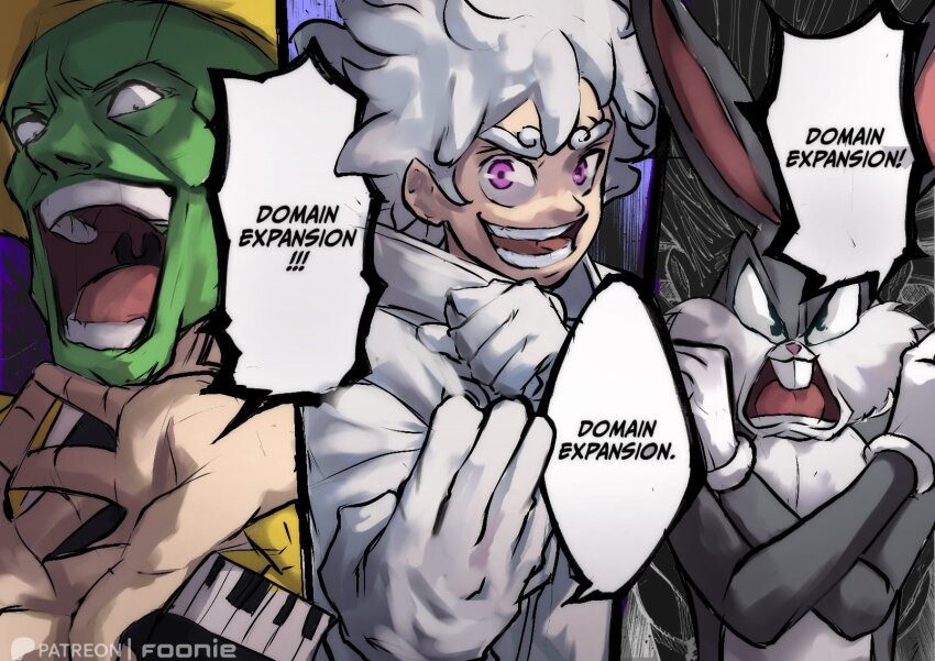 3boys animal_ears bugs_bunny cloud_hair crossover domain_expansion english_text fedora funi_xd gear_fifth gloves hat highres jacket jim_carrey jujutsu_kaisen looney_tunes monkey_d._luffy multiple_boys official_alternate_color one_piece open_mouth purple_eyes rabbit_boy rabbit_ears speech_bubble the_mask the_mask_(character) trait_connection warner_bros white_gloves white_hair white_jacket yellow_headwear yellow_jacket