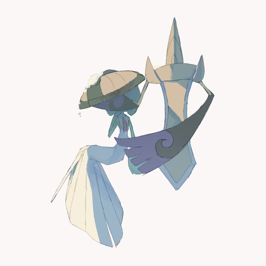 aegislash bob_cut colored_skin dress from_behind gardevoir gen_3_pokemon gen_6_pokemon green_hair green_skin grey_background highres holding holding_shield multicolored_skin napopo nintendo pokemon pokemon_(creature) shield simple_background sword two-tone_skin weapon white_dress white_skin
