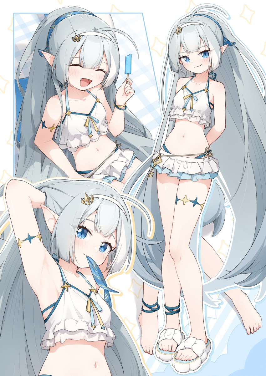 1girl absurdres arms_behind_back bikini blue_eyes breasts closed_eyes closed_mouth commentary_request female_tyrant_(stella_sora) food grey_hair halterneck highres holding holding_food holding_popsicle long_hair looking_at_viewer mouth_hold multiple_views open_mouth pointy_ears ponytail popsicle sandals shiroba_kamiya small_breasts smile standing stella_sora swimsuit tying_hair tyrant_(stella_sora) very_long_hair white_bikini white_sandals
