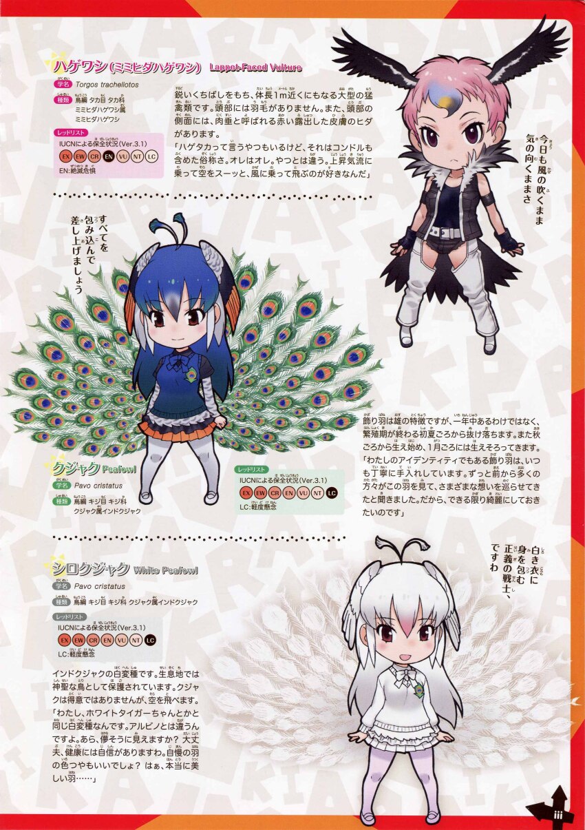 3girls absurdres blue_hair full_body highres kemono_friends lappet-faced_vulture_(kemono_friends) looking_at_viewer multiple_girls official_art peafowl_(kemono_friends) pink_hair simple_background white_hair white_peafowl_(kemono_friends) yoshizaki_mine
