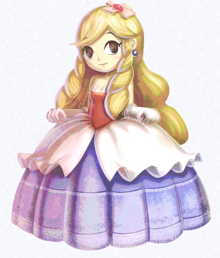 1girl bare_shoulders blonde_hair breasts closed_mouth dress earrings flower full_body gloves gonzarez hair_flower hair_ornament highres jewelry long_hair looking_at_viewer pointy_ears princess_styla simple_background small_breasts smile solo the_legend_of_zelda the_legend_of_zelda:_tri_force_heroes white_background white_gloves