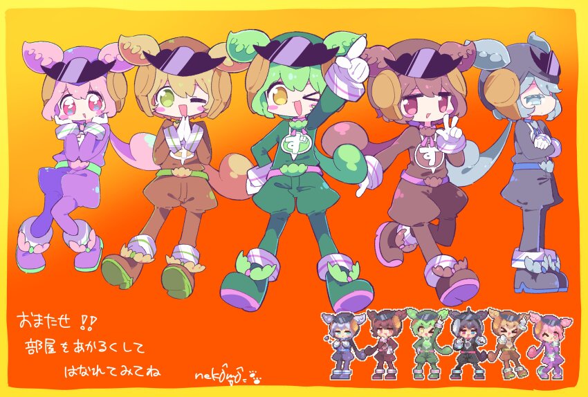 &gt;_o 5girls ;d absurdres animal_ears arm_up blonde_hair blush_stickers boots border brown_boots brown_hair brown_hat brown_pants brown_shirt commentary_request crossed_arms full_body gloves gradient_background green_boots green_eyes green_hair green_hat green_pants green_shirt grey_boots grey_eyes grey_hair grey_hat grey_pants grey_shirt hand_on_own_hip hand_up hands_on_own_face hat highres index_finger_raised long_hair long_sleeves looking_at_viewer multiple_girls multiple_persona neck_ribbon nekomo_(yumenkmc) one_eye_closed open_mouth orange_background outstretched_arm own_hands_together pants pea_pod pink_boots pink_eyes pink_hair pink_hat pink_pants pink_ribbon pink_shirt pixel_art_inset ponytail puffy_pants red_eyes ribbon shirt signature smile translation_request voicevox w white_gloves yellow_background yellow_border yellow_eyes zundamon
