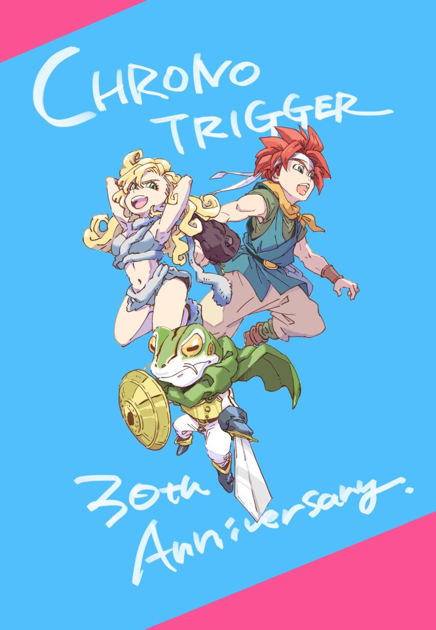 1girl 2boys anniversary arms_behind_head ayla_(chrono_trigger) blonde_hair blue_background blue_eyes blue_tunic breasts cavewoman chrono_trigger cloak crono_(chrono_trigger) crop_top curly_hair frog_(chrono_trigger) frog_boy fur_shirt fur_skirt green_cloak grey_fur grey_pants headband highres holding holding_shield holding_sword holding_weapon long_hair medium_breasts midriff miniskirt multiple_boys navel neckerchief open_mouth orange_neckerchief pants red_hair ringon shield short_hair skirt slit_pupils smile spiked_hair sword tunic weapon white_headband white_pants