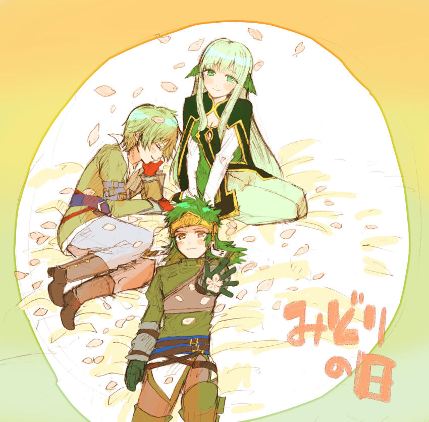 00s 1girl 2boys armor belt blush boots breasts brown_eyes cape cleavage dress closed_eyes fingerless_gloves flower gloves green_hair hair_ornament headband highres jacket long_hair martel_yggdrasill multiple_boys pants smile spada_belforma tales_of_(series) tales_of_innocence tales_of_rebirth tales_of_symphonia thigh_boots tytree_crowe