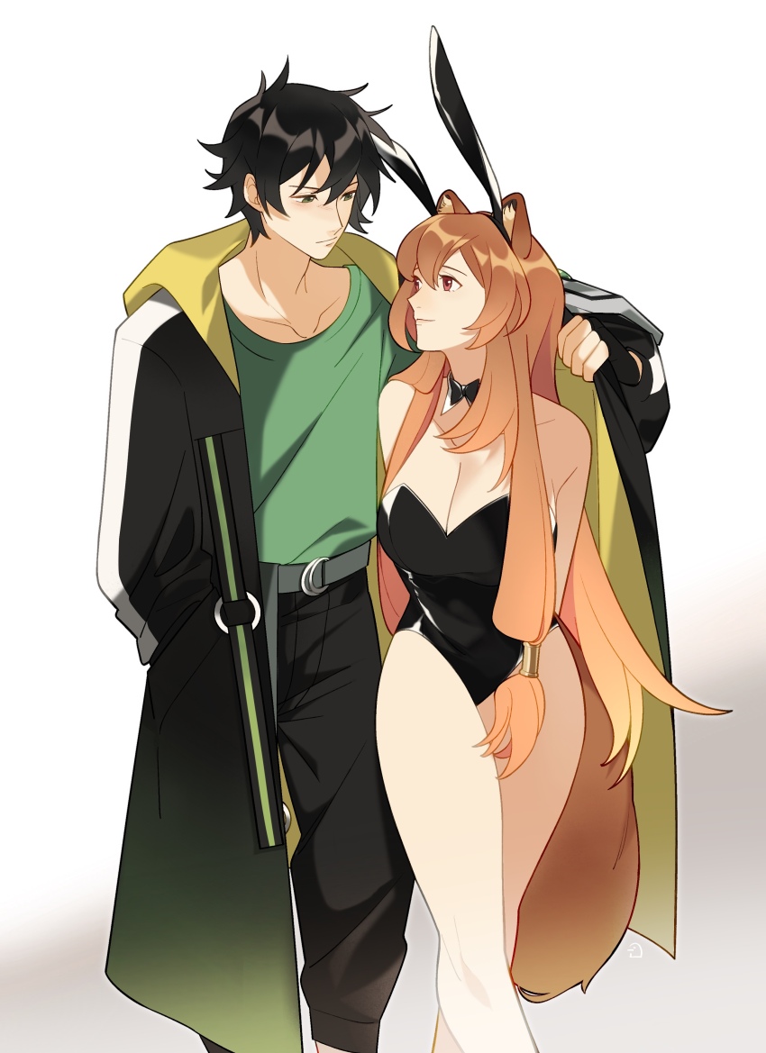 1boy 1girl absurdres animal_ear_fluff animal_ear_headwear animal_ears arms_behind_back bare_legs bare_shoulders belt black_bow black_bowtie black_coat black_leotard black_pants bow bowtie breasts brown_hair cleavage coat collarbone commentary commentary_request detached_collar dice657523 english_commentary expressionless fake_animal_ears feet_out_of_frame gradient_coat green_coat green_shirt grey_belt hair_between_eyes hair_tubes hand_in_pocket hand_up highres iwatani_naofumi large_breasts leaning_forward leotard light_smile long_hair looking_at_another mixed-language_commentary multicolored_coat open_clothes open_coat pants playboy_bunny rabbit_ears raccoon_ears raccoon_girl raccoon_tail raphtalia red_eyes shared_clothes shared_coat shield shirt simple_background strapless strapless_leotard tail tate_no_yuusha_no_nariagari white_background yellow_coat