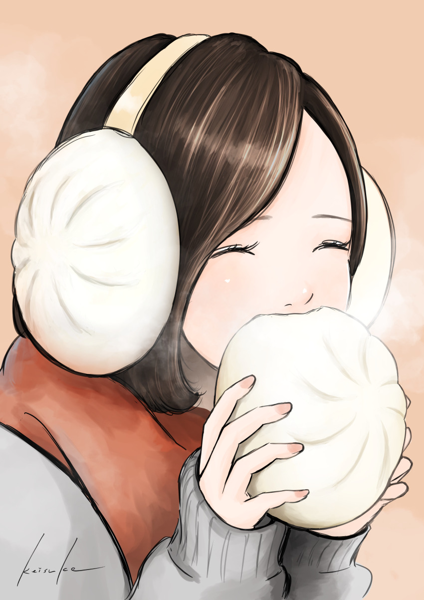 1girl absurdres steamed_bun biting bob_cut breath brown_background brown_hair closed_eyes eating facing_ahead fingernails food food_as_clothes food_focus grey_sweater hands_up happy headphones highres holding holding_food keisuke1105 original red_scarf scarf signature sweater swept_bangs themed_object upper_body