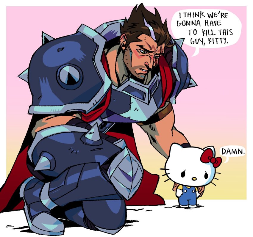 1boy 1girl armor beard bow breaking_spine brown_hair cape cat commentary crossover darius_(league_of_legends) english_commentary english_text facial_hair hand_on_another&#039;s_back hello_kitty hello_kitty_(character) highres i_think_we&#039;re_gonna_have_to_kill_this_guy_steven_(meme) kitten league_of_legends leg_armor meme mustache no_mouth on_one_knee red_bow red_cape sad sanrio scar scar_across_eye scar_on_face short_hair shoulder_armor shoulder_spikes spikes talking whiskers