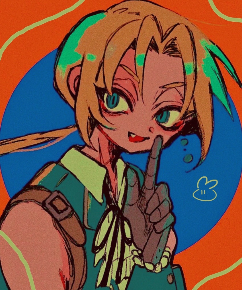 1boy aqua_eyes aqua_vest ascot bare_shoulders black_ribbon blonde_hair bracelet collared_shirt curtained_hair double-parted_bangs fang final_fantasy final_fantasy_ix gloves grey_gloves highres jewelry long_hair low_ponytail male_focus nayo_(kr_000515) parted_bangs ponytail ribbon shirt shoulder_belt smile solo upper_body white_ascot zidane_tribal