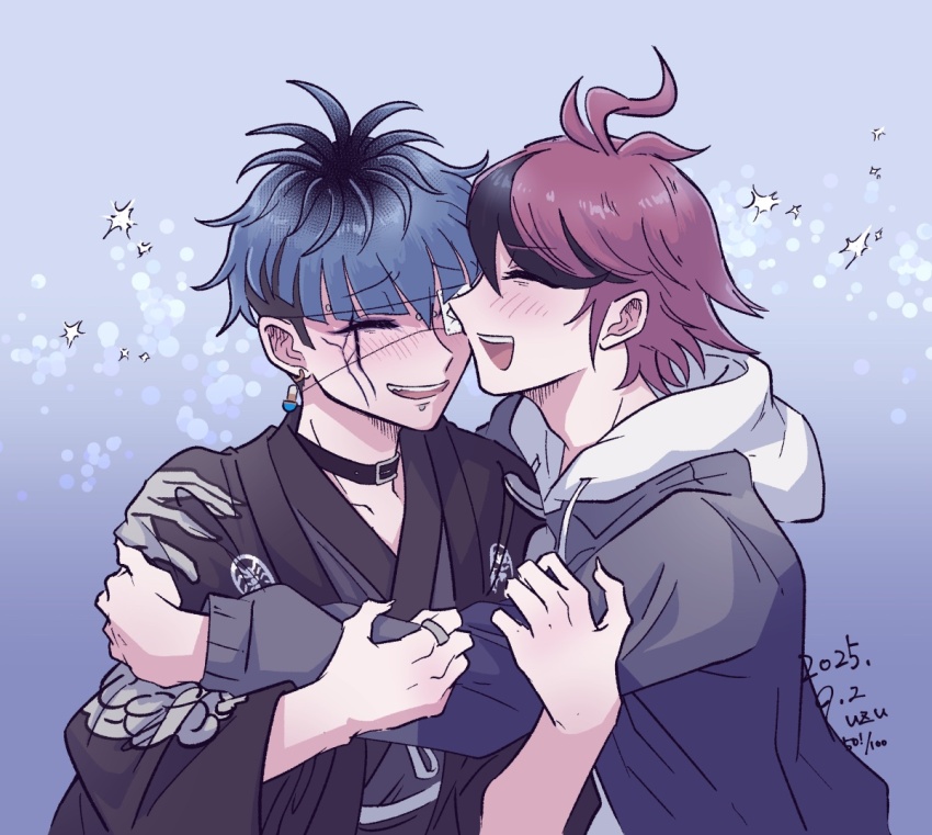 2boys :d ahoge black_choker black_hair black_haori black_streaks blue_background blue_hair blurry blush bokeh choker closed_eyes commentary_request dated depth_of_field earrings eyepatch face_piercing facial_mark grey_jacket grey_kimono haori hood hoodie hug jacket japanese_clothes jewelry kimono labret_piercing male_focus multicolored_hair multiple_boys omokage_yugamu open_mouth piercing print_eyepatch red_hair short_hair signature smile streaked_hair sumino_takumi teeth the_hundred_line_-last_defense_academy- upper_teeth_only uzu_(uzusio55) white_hoodie yaoi