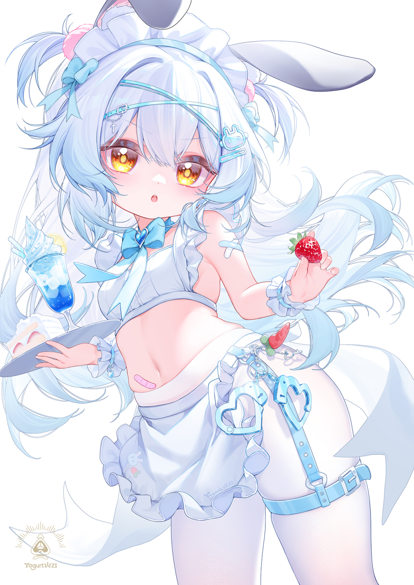 1girl :o animal_ears blue_hair food fruit highres long_hair maid navel original pantyhose pear-shaped_figure rabbit_ears solo strawberry suaynnai_wanzi tagme white_background white_pantyhose yellow_eyes