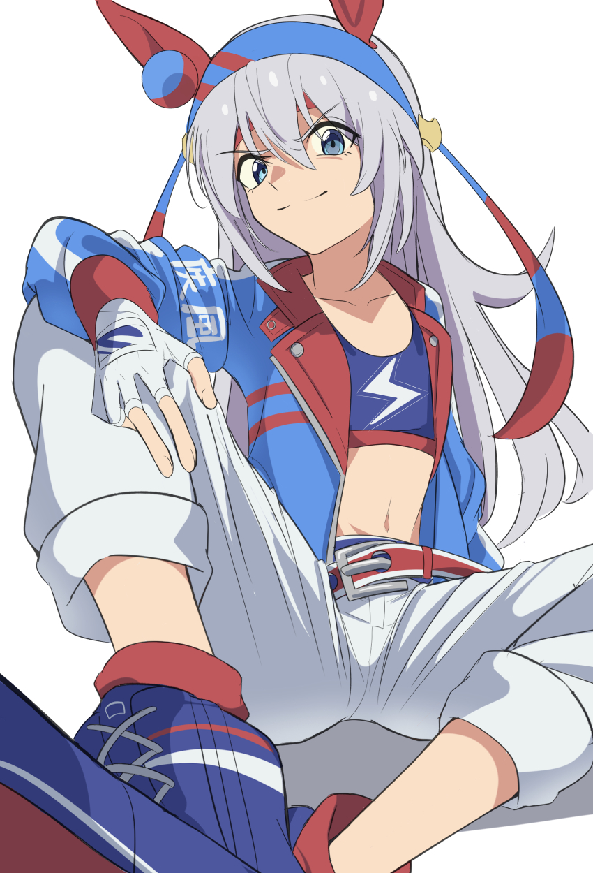 1girl absurdres animal_ears arm_on_knee belt blue_eyes blue_hairband blue_jacket blue_shirt blue_shoes buckwheat638478 capri_pants closed_mouth commentary cropped_shirt ear_covers fingerless_gloves foreshortening gloves grey_hair hairband headband highres horse_ears horse_girl jacket lightning_bolt_symbol long_hair looking_at_viewer loose_belt midriff navel open_clothes open_jacket pants print_shirt red_belt red_headband red_socks shirt shoes simple_background sitting smirk socks solo tamamo_cross_(umamusume) umamusume white_background white_gloves white_pants