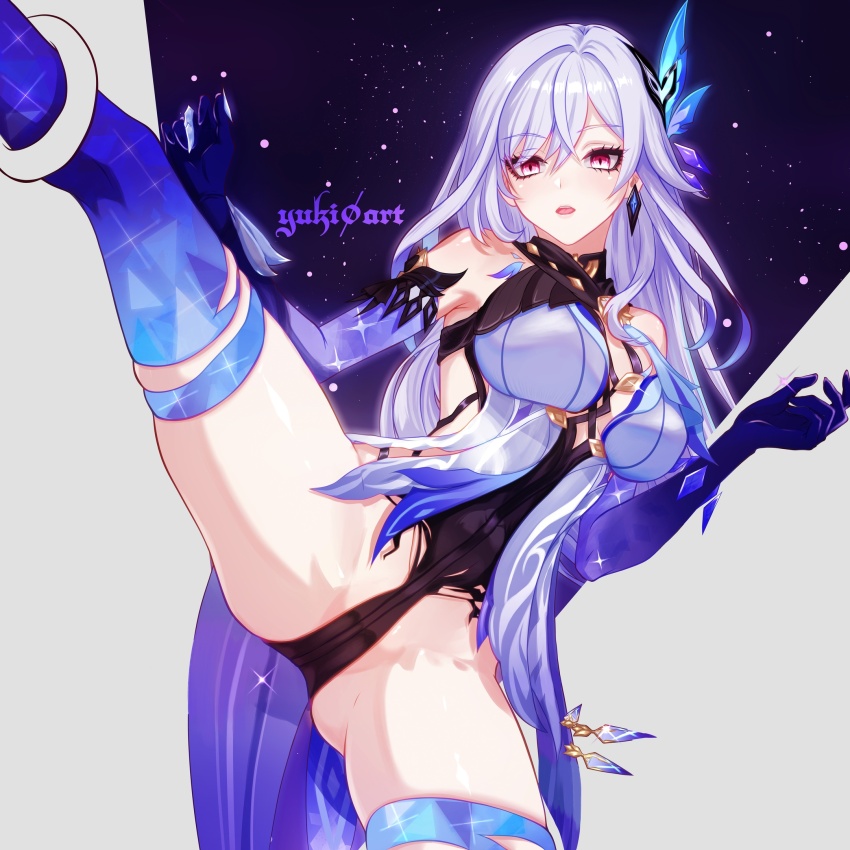 armpits artist_name black_choker black_leotard blue_dress blue_gloves blue_hair blue_thighhighs border breast_strap breasts cameltoe chest_strap choker cleavage dress ear_piercing earrings elbow_gloves eyebrows_hidden_by_hair eyes_visible_through_hair genshin_impact gloves half-dress half-leotard highleg highleg_leotard highres jewelry large_breasts leotard lipstick long_hair looking_to_the_side makeup night night_sky open_mouth outside_border piercing pink_eyes pink_lips purple_sky short_dress sideless_dress single_earring skirk_(genshin_impact) sky solo standing star_(sky) thighhighs thighs tongue very_long_hair white_border white_hair yuki0_art