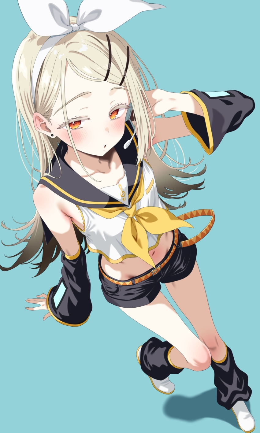 1girl :o absurdres armpit_crease armpits bare_legs black_sailor_collar black_shorts black_socks blonde_hair blush collarbone colored_eyelashes commentary_request cosplay cropped_shirt detached_sleeves earrings flipped_hair full_body gakuen_idolmaster gradient_hair grey_hair hairband highres idolmaster jewelry kagamine_rin kagamine_rin_(cosplay) long_hair looking_at_viewer loose_socks midriff multicolored_hair navel neckerchief orange_eyes portrait sailor_collar shinosawa_hiro shirt shoes short_shorts shorts shubashuba simple_background sleeveless sleeveless_shirt socks solo stomach stud_earrings thighhighs very_long_hair white_hairband white_shirt white_shoes yellow_neckerchief