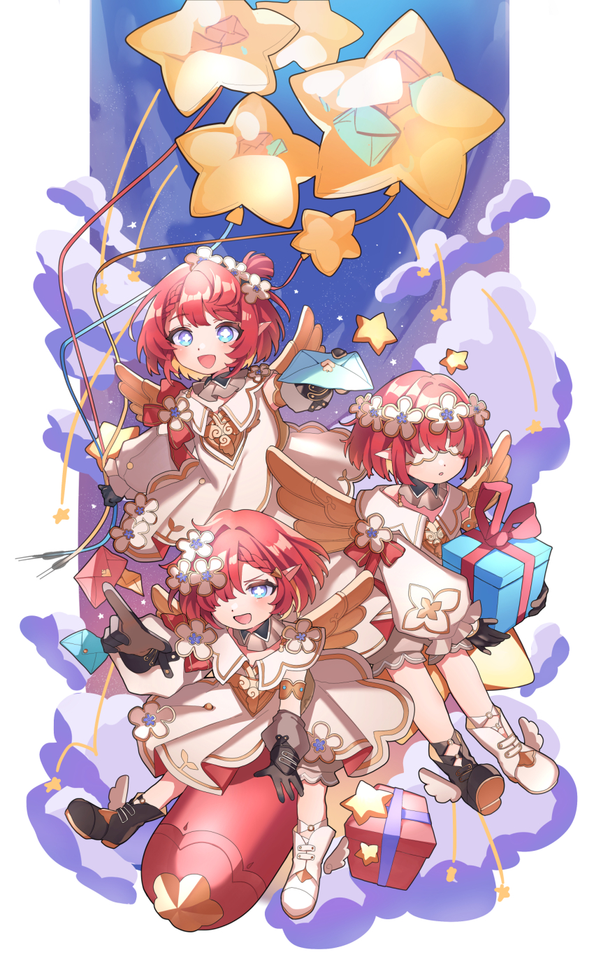 3girls ancient_greek_clothes angel_wings architecture asymmetrical_footwear balloon black_boots black_gloves blue_eyes boots box cloud commentary_request cross-shaped_pupils dress flower gift gift_box gloves greco-roman_architecture greco-roman_clothes hair_flower hair_ornament hair_over_one_eye head_wreath highres holding holding_balloon holding_gift holding_letter honkai:_star_rail honkai_(series) letter mismatched_footwear multiple_girls open_mouth pointy_ears red_hair riding_rocket rocket_ship short_hair spacecraft star_balloon symbol-shaped_pupils trianne_(honkai:_star_rail) tribbie_(honkai:_star_rail) trinnon_(honkai:_star_rail) triplets white_blindfold white_boots white_dress winged_boots wings xi7o2