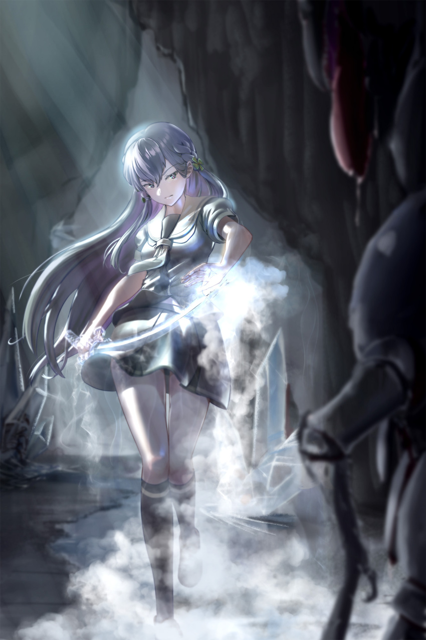 1girl black_blood black_serafuku black_shirt black_skirt black_socks blood blurry blurry_foreground braid cave_interior closed_mouth commentary_request cryokinesis crystal_sword floating_hair fog full_body hair_behind_ear half-closed_eyes highres holding holding_sword holding_weapon katana kazahana_yuki kneehighs long_hair looking_at_another monster necktie onikko_hunter_tsuina-chan pinwheel_hair_ornament puffy_short_sleeves puffy_sleeves purple_eyes purple_hair sailor_collar school_uniform serafuku serious sharu_(aki_ch.) shirt shoes short_sleeves side_braid single_sidelock skirt slit_pupils socks solo sword walking weapon white_necktie white_sailor_collar