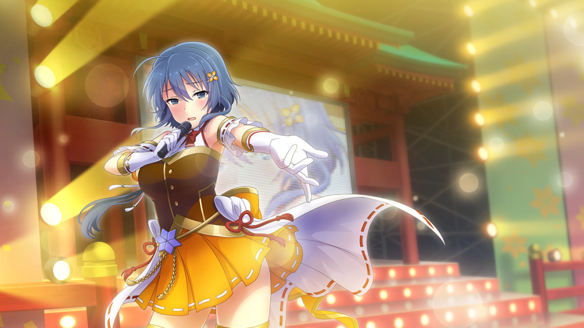 1girl blue_eyes blue_hair breasts brown_shirt cowboy_shot elbow_gloves game_cg gloves hair_between_eyes hair_ornament holding holding_microphone idol_clothes large_breasts long_hair looking_at_viewer microphone music official_art open_mouth orange_skirt outstretched_arm overskirt ponytail setouchi_chie shirt singing skirt solo stage stage_lights standing toji_no_miko toji_no_miko:_kizamishi_issen_no_tomoshibi white_gloves white_skirt