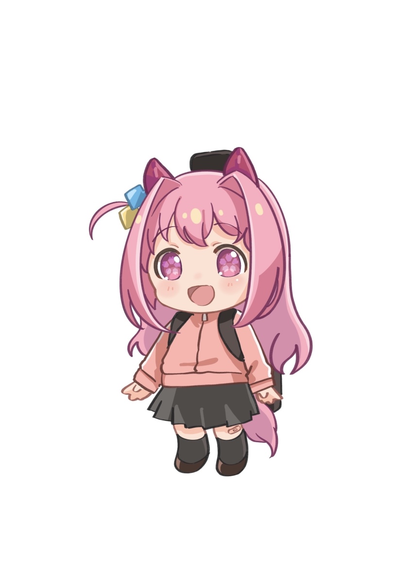 1girl :d animal_ears bandaid bandaid_on_knee bandaid_on_leg black_skirt black_socks bocchi_the_rock! brown_shoes chibi cosplay cube_hair_ornament flower-shaped_pupils full_body gotoh_hitori gotoh_hitori_(cosplay) hair_intakes hair_ornament haru_urara_(umamusume) highres horse_ears horse_girl horse_tail instrument_case jacket long_hair long_sleeves looking_at_viewer moko39_takasora one_side_up open_mouth pink_hair pink_jacket pleated_skirt puffy_long_sleeves puffy_sleeves purple_eyes shoes simple_background skirt sleeves_past_wrists smile socks solo standing symbol-shaped_pupils tail track_jacket umamusume very_long_hair white_background