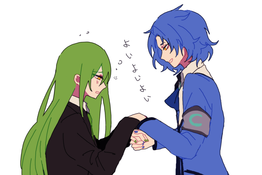 2boys armband ascot black_jacket blue_ascot blue_hair blue_jacket blue_nails chesed_(project_moon) er_hea from_side green_hair green_nails green_necktie grey_armband height_difference holding_hands jacket lobotomy_corporation long_hair multiple_boys necktie netzach_(project_moon) profile project_moon simple_background squeans straight_hair suit_jacket translation_request white_background yellow_eyes