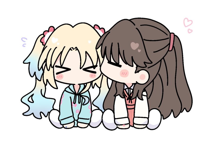 &gt;_&lt; 2girls blonde_hair blue_hair blue_hoodie blush bracelet brown_hair chibi chibi_only closed_eyes collared_shirt commentary_request dress dress_shirt flower flying_sweatdrops fujishima_megumi fujishima_megumi_(winter_loungewear) hair_flower hair_ornament heart heart_bracelet heart_ring hood hoodie jewelry kiss kissing_cheek link!_like!_love_live! long_hair love_live! multiple_girls no_mouth osawa_rurino osawa_rurino_(winter_loungewear) parted_bangs pinafore_dress pink_dress pink_flower ring shirt silver_bracelet silver_ring simple_background sleeveless sleeveless_dress twintails two_side_up virtual_youtuber watage_modoki wedding_ring white_background white_shirt yuri