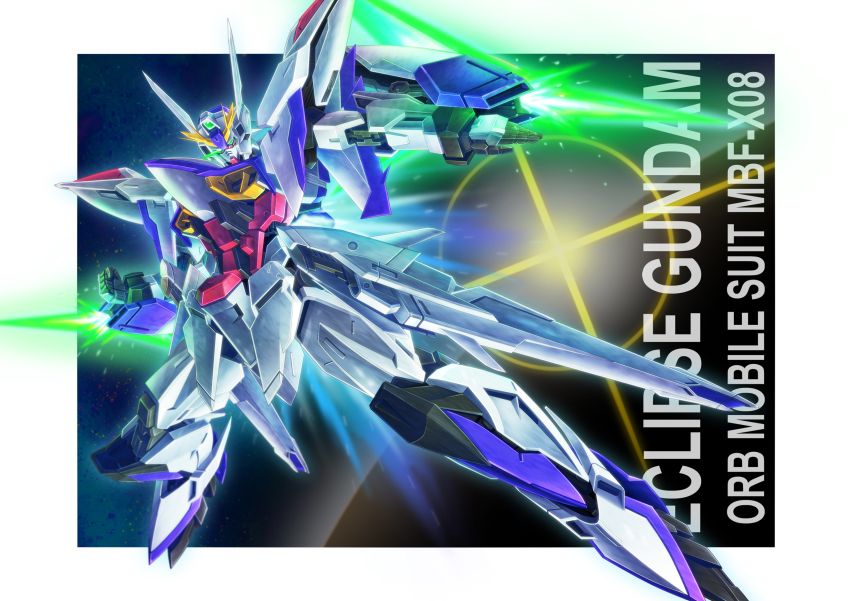 absurdres arm_blade border character_name clenched_hand commentary eclipse_gundam energy_blade eye_trail glowing glowing_eye gundam gundam_seed gundam_seed_eclipse highres ibuki_sakura_(sgw_v07) light_trail looking_at_viewer mecha mobile_suit no_humans robot science_fiction solo space weapon white_border