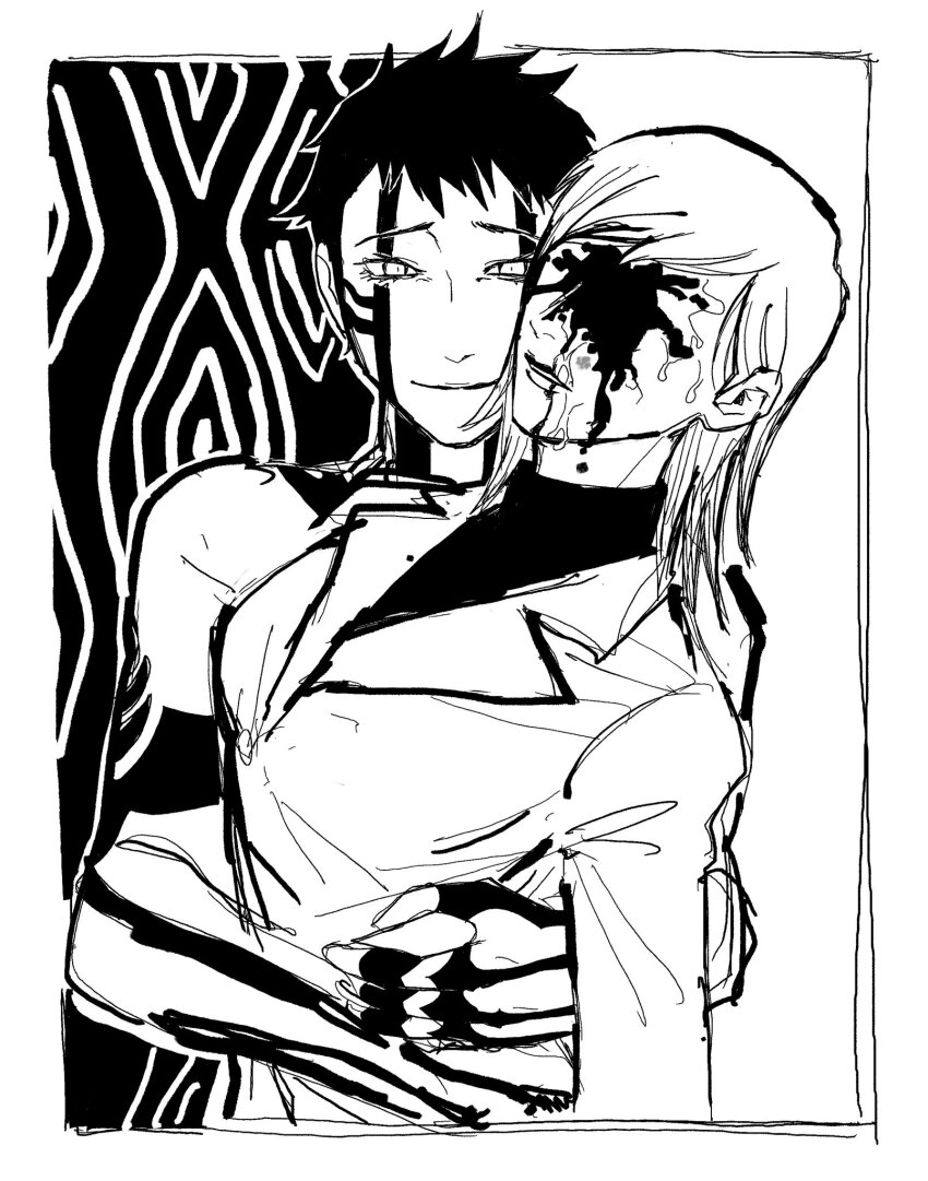 1boy 1girl aradia_(megami_tensei) body_markings closed_mouth coat demi-fiend facial_tattoo greyscale highres hug jacket monochrome parted_lips shin_megami_tensei shin_megami_tensei_iii:_nocturne short_hair simple_background sketch smile takao_yuko tattoo teacher_and_student temple_paradise turtleneck two-tone_background