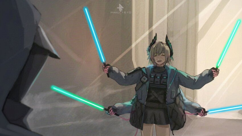 1boy 1girl arknights backlighting blonde_hair blue_lightsaber closed_eyes doctor_(arknights) energy_sword extra_arms general_grievous green_lightsaber holding holding_sword holding_weapon hood horns indoors lightsaber raidian_(arknights) rh_1610 signature skirt smile star_wars star_wars:_revenge_of_the_sith sword weapon