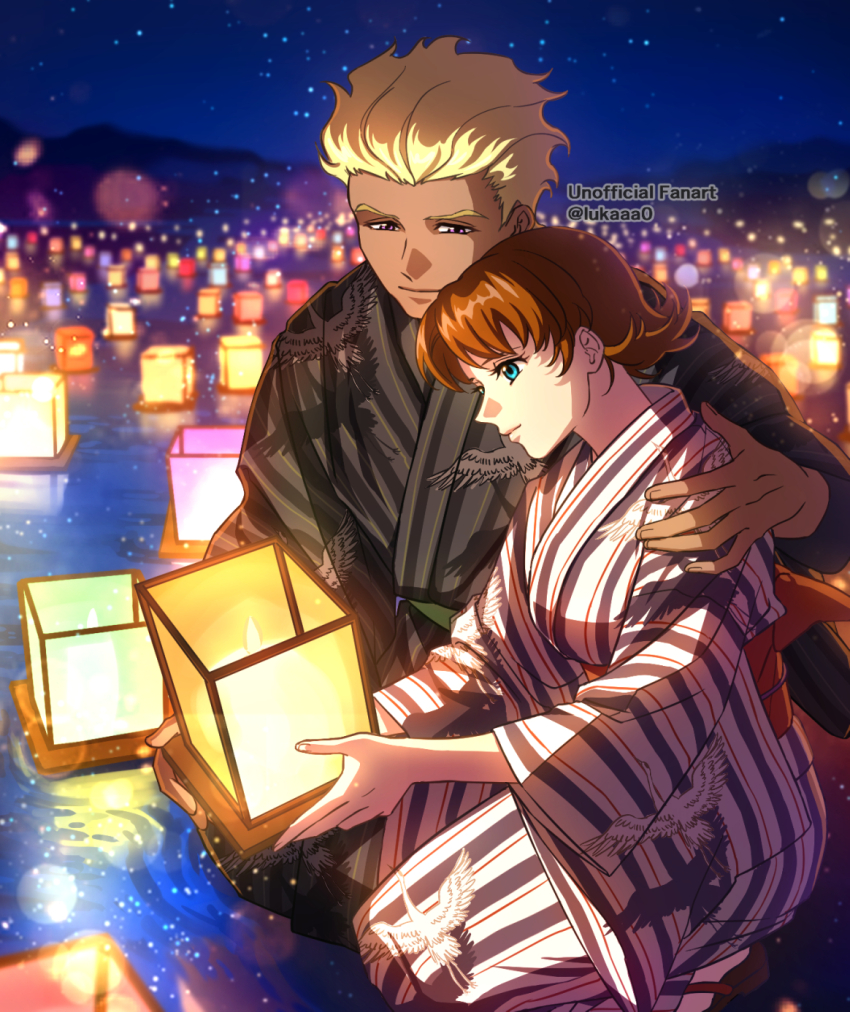 1boy 1girl bird blonde_hair blue_eyes blurry bokeh brown_hair couple dark dark-skinned_female dark_skin dearka_elsman depth_of_field facing_another facing_to_the_side gundam gundam_seed gundam_seed_destiny gundam_seed_freedom hands_on_another&#039;s_shoulders highres holding holding_lantern japanese_clothes jawbone kimono lantern looking_at_object looking_to_the_side lukaaa medium_hair miriallia_haw mountain night night_sky obon pale_skin parted_bangs river sky star_(sky) striped_clothes summer swept_bangs yukata