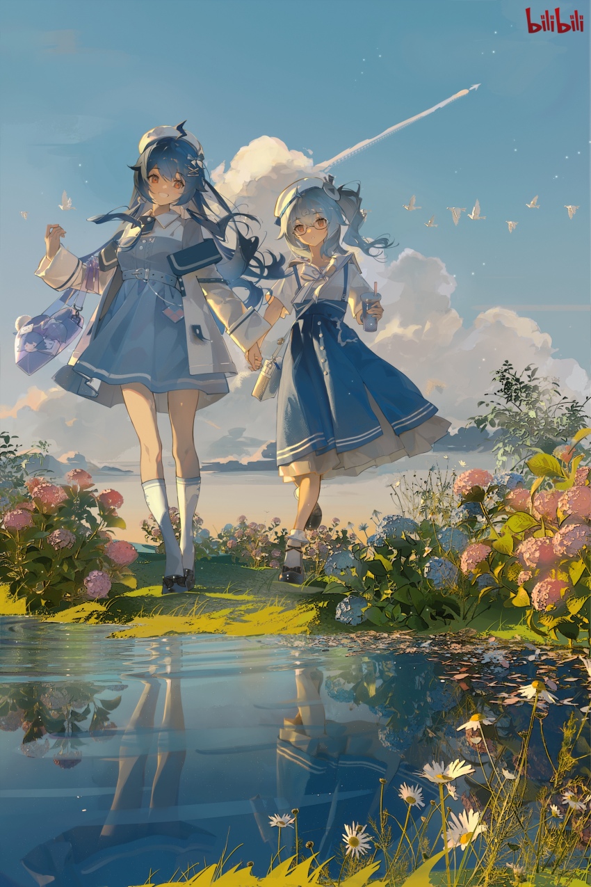 22_(sailing_era) 2girls 33_(sailing_era) absurdres ahoge bag belt bili_girl_22 bili_girl_33 bilibili bilibili_logo bird black_footwear blue_dress blue_flower blue_hair blue_skirt blue_sky bow cloud daisy day dress drink flower glasses grin hat highres holding holding_drink holding_hands hydrangea jacket long_hair long_skirt long_sleeves multiple_girls off_shoulder open_clothes open_jacket outdoors pink_flower puddle red_eyes reflection reflective_water sailing_era sailor_collar sailor_hat shirt short_dress short_sleeves shoulder_bag side_ponytail skirt sky smile socks standing suspender_skirt suspenders toto_(caaaaarrot) walking white_bird white_bow white_flower white_hat white_jacket white_shirt white_socks