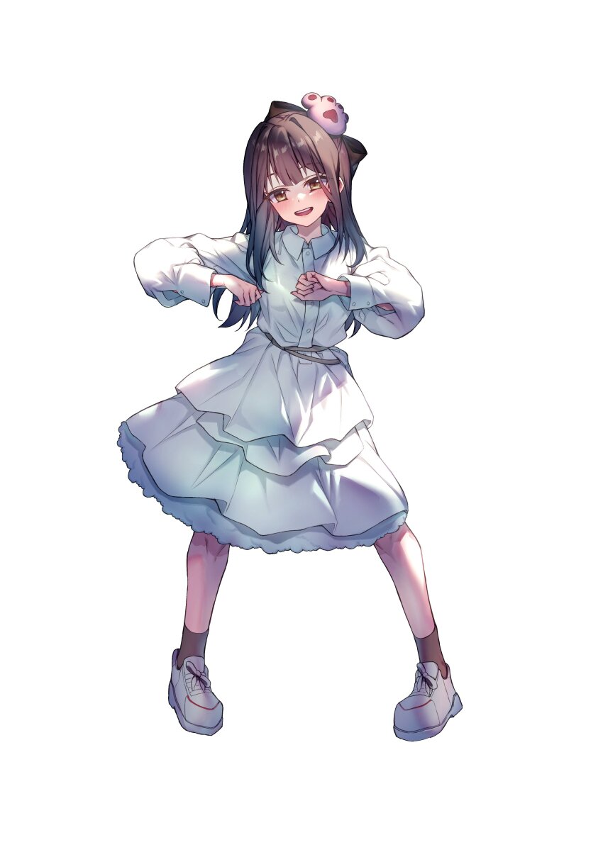 1girl absurdres animification belt black_ribbon black_socks blush breasts brown_eyes brown_hair collared_dress commission dancing dress fingernails full_body hair_intakes hair_ribbon highres knees long_hair long_sleeves looking_at_viewer misumi_yuka open_mouth paw_hair_ornament real_life redcomet ribbon second-party_source shoes simple_background smile sneakers socks solo standing string_belt teeth upper_teeth_only white_background white_belt white_dress white_shoes