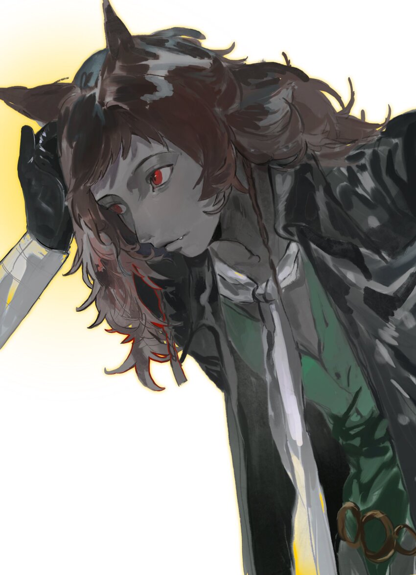 2boys achai_dong animal_ears basilio_(metaphor:_refantazio) black_coat black_gloves brown_hair coat colored_skin fang fang_out gloves grey_skin hashtag-only_commentary headpat highres leaning_forward long_hair male_focus metaphor:_refantazio multiple_boys open_clothes open_coat protagonist_(metaphor:_refantazio) red_eyes white_background