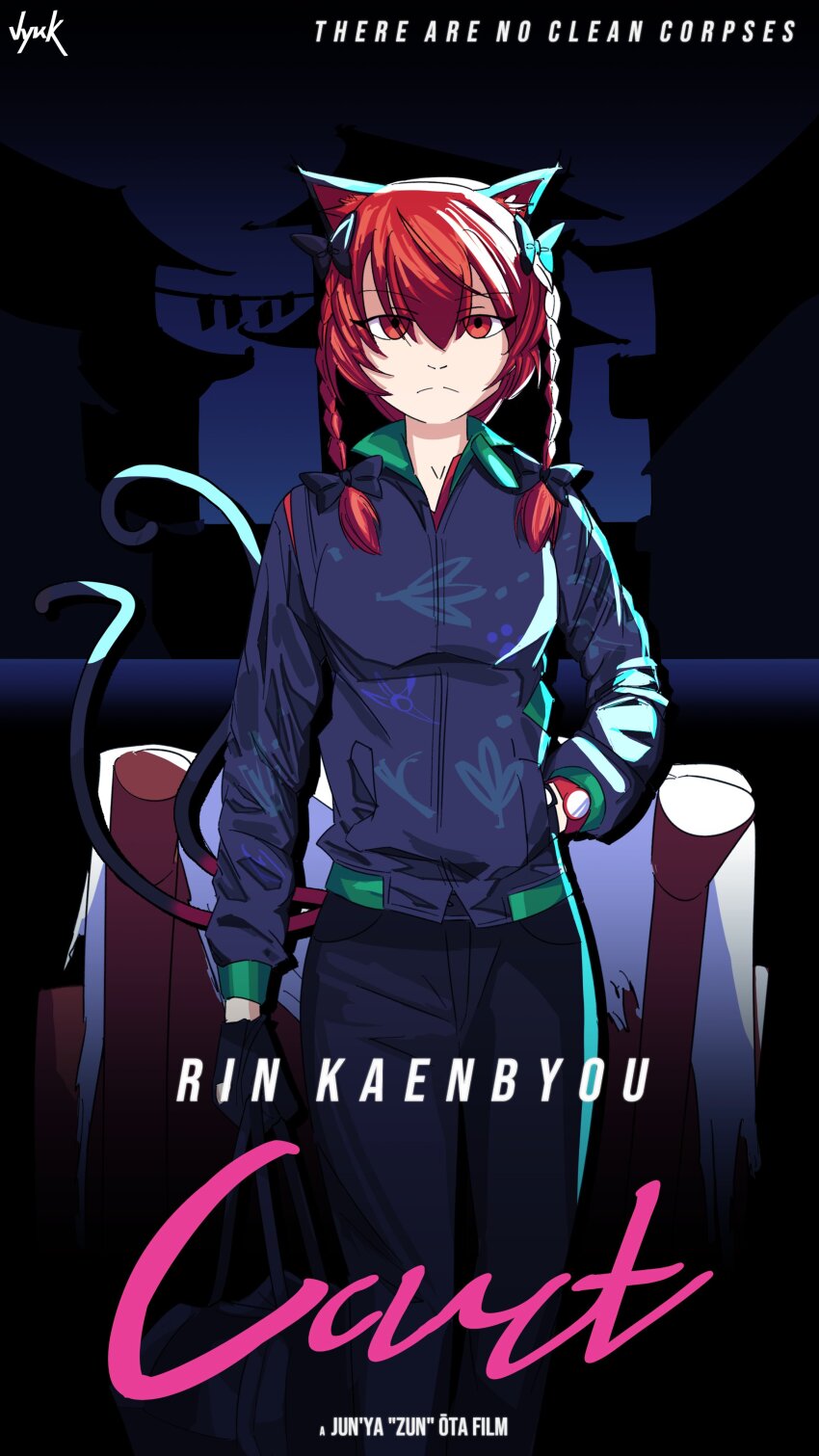 1girl absurdres adapted_costume animal_ears black_gloves black_jacket black_pants bow braid cat_ears cat_girl cat_tail character_name closed_mouth commentary drive_(movie) english_commentary english_text gloves hair_bow highres jacket jongk_ok kaenbyou_rin long_sleeves looking_at_viewer medium_hair movie_poster multiple_tails pants parody red_eyes red_hair side_braids signature solo tail touhou twin_braids two_tails