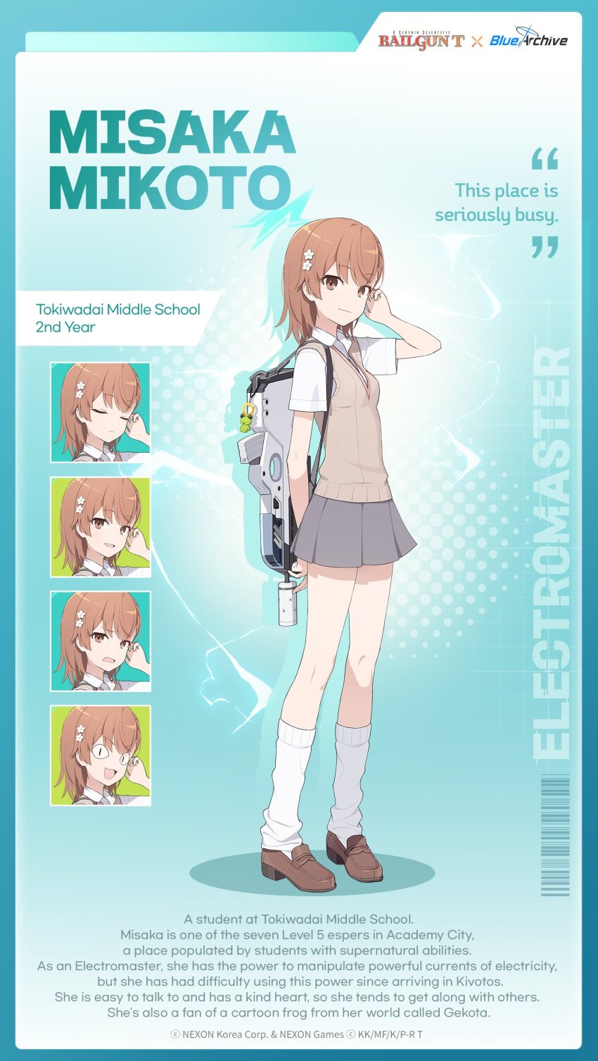 &lt;|&gt;_&lt;|&gt; 1girl 2024 20s absurdres assault_rifle barcode blue_archive blue_halo breasts brown_eyes brown_hair brown_sweater_vest bullpup character_name charm_(object) closed_mouth commentary copyright_name crossover electricity english_commentary english_text multiple_expressions fang flower fn_f2000 full_body gekota grey_skirt gun hair_between_eyes hair_flower hair_ornament hairpin halo highres lightning_bolt_symbol loafers looking_at_viewer medium_hair mimitoke misaka_mikoto no_nose official_art rifle school_uniform shirt shoes skirt small_breasts solo standing summer_uniform sweater_vest toaru_kagaku_no_railgun toaru_kagaku_no_railgun_t toaru_majutsu_no_index tokiwadai_school_uniform weapon white_shirt