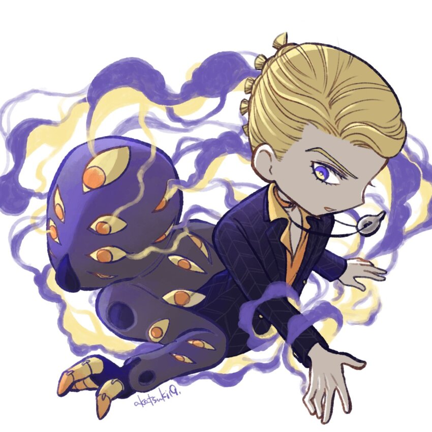 1boy 1other akatsuki19 blonde_hair chibi chibi_only colored_sclera colored_skin commentary commentary_request extra_ears formal_clothes highres jacket jewelry jojo_no_kimyou_na_bouken magatama magatama_necklace male_focus necklace orange_eyes prosciutto purple_eyes purple_jacket purple_skin shirt smoke stand_(jojo) suit the_grateful_dead_(stand) upper_body vento_aureo white_background yellow_sclera yellow_shirt