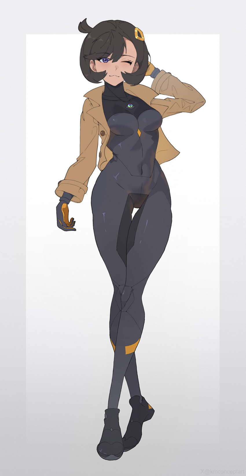 1girl black_bodysuit black_gloves black_hair bodysuit breasts brown_jacket closed_mouth dark-skinned_female dark_skin emma_(pokemon) full_body gloves hair_ornament highres jacket kmconceptart latex latex_bodysuit looking_at_viewer medium_breasts mega_stone nintendo one_eye_closed open_clothes open_jacket orange_gloves pokemon pokemon_legends:_z-a purple_eyes shoes short_hair simple_background smile solo thigh_gap