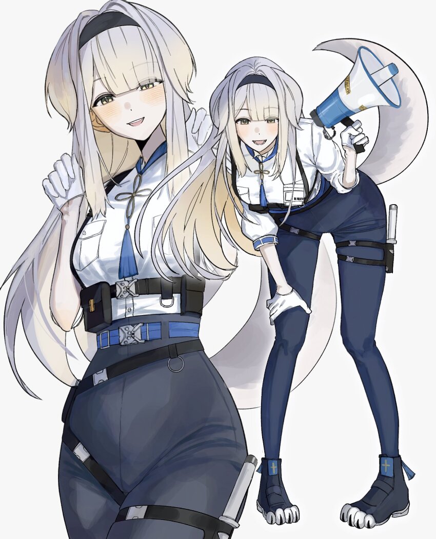 1girl animal_ears baton_(weapon) belt blonde_hair blue_belt blue_pantyhose blush breasts chest_harness dog_ears dog_girl dog_tail gloves gradient_hair grey_hair hair_flaps hairband half_gloves harness high-waist_shorts high_collar highres holding holding_megaphone holster id_card long_hair medium_breasts megaphone multicolored_hair neck_tassel nijisanji pantyhose paw_shoes police police_uniform policewoman quilted_clothes shioriha_ruri shioriha_ruri_(1st_costume) shirt shirt_tucked_in short_shorts shorts sidelocks swept_bangs tail tassel thigh_holster virtual_youtuber weapon white_gloves white_shirt yellow_eyes yonki_(gwiyonki)
