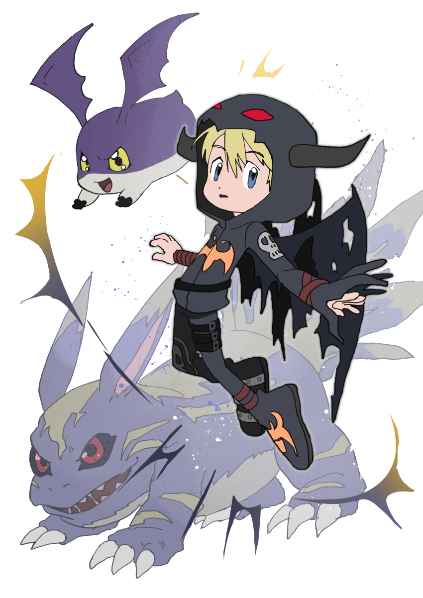 absurdres blonde_hair claws cosplay devimon devimon_(cosplay) digimon elecmon_(violet) highres simple_background skull takaishi_takeru tukaimon white_background