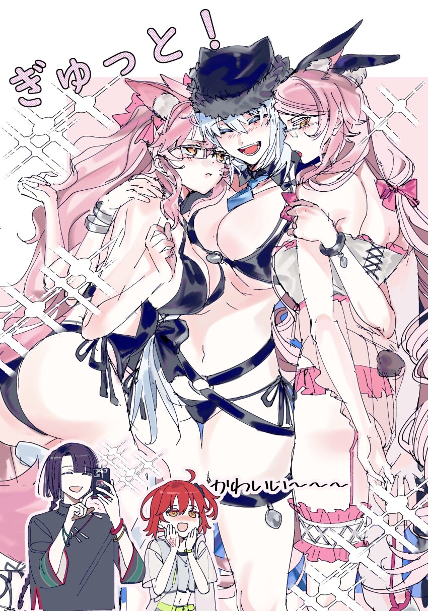 1boy 4girls :d absurdres animal_ears averting_eyes bikini black_bikini black_hair black_hat black_one-piece_swimsuit blue_necktie blunt_bangs blush braid breasts cellphone chinese_clothes closed_eyes closed_mouth colored_eyelashes command_spell commentary_request cowboy_shot dobrynya_nikitich_(fate) dobrynya_nikitich_(swimsuit_lancer)_(fate) dobrynya_nikitich_(swimsuit_lancer)_(first_ascension)_(fate) dual_persona fate/grand_order fate_(series) fox_ears fox_girl fujimaru_ritsuka_(female) fujimaru_ritsuka_(female)_(summer_street) girl_sandwich glasses hand_tattoo hands_up hat highres holding holding_phone hug koyanskaya_(fate) large_breasts long_hair looking_at_another mother_and_daughter multiple_girls necktie one-piece_swimsuit one_side_up open_mouth orange_eyes orange_hair phone pink_hair profile rabbit_ears rabbit_girl rabbit_tail ran0315808 sandwiched short_hair side-by-side single_braid sketch smartphone smile sound_effects sparkle sparkling_aura swimsuit taigong_wang_(fate) tail tamamo_(fate) tattoo teeth thigh_strap three_quarter_view two_side_up wavy_hair white_hair